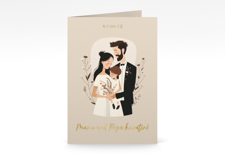 Einladungskarte Hochzeit Familienglück A6 Klappkarte hoch beige gold für Paare mit Kind