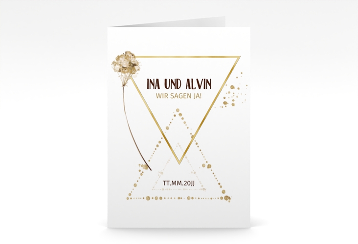 Einladungskarte Hochzeit Triangle A6 Klappkarte hoch weiss gold