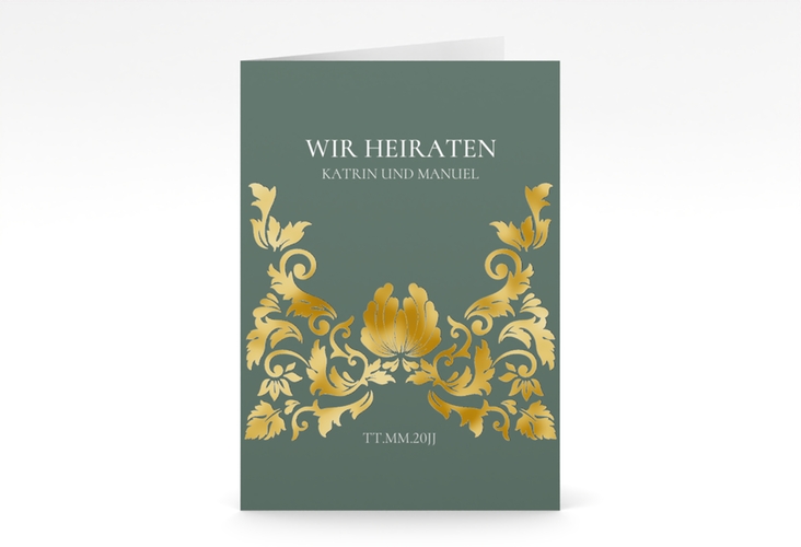 Einladungskarte Hochzeit Royal A6 Klappkarte hoch gruen gold mit barockem Blumen-Ornament