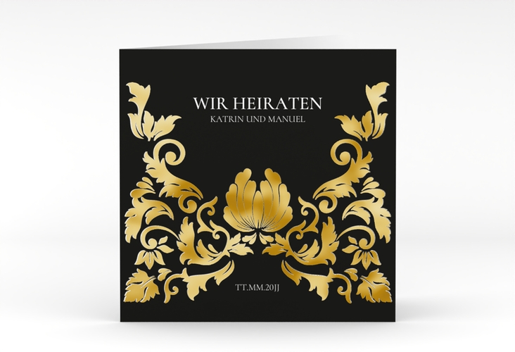 Hochzeitseinladung Royal quadr. Klappkarte schwarz gold mit barockem Blumen-Ornament