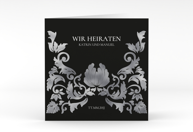 Hochzeitseinladung Royal quadr. Klappkarte schwarz silber mit barockem Blumen-Ornament