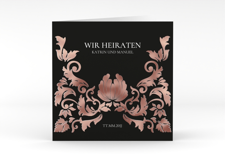 Hochzeitseinladung Royal quadr. Klappkarte schwarz rosegold mit barockem Blumen-Ornament