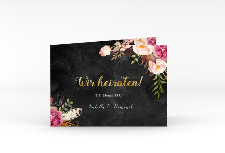 Hochzeitseinladung Flowers A6 Klappkarte quer schwarz gold mit bunten Aquarell-Blumen