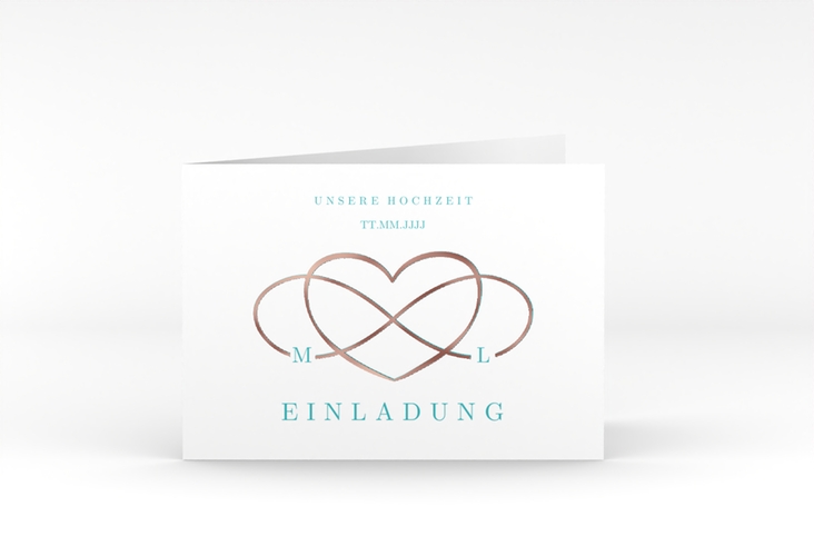 Hochzeitseinladung Infinity A6 Klappkarte quer tuerkis rosegold