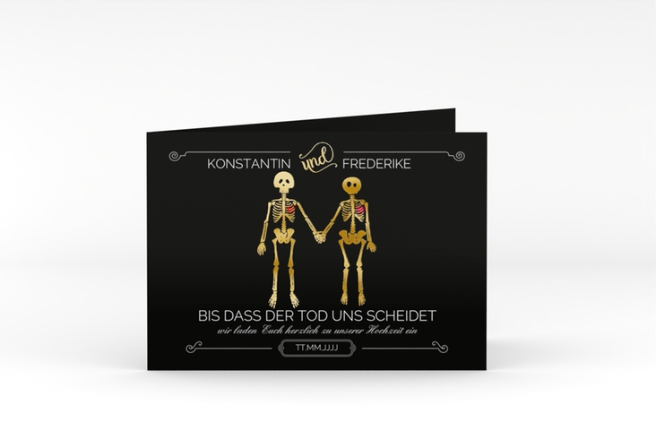 Hochzeitseinladung Bones A6 Klappkarte quer schwarz gold