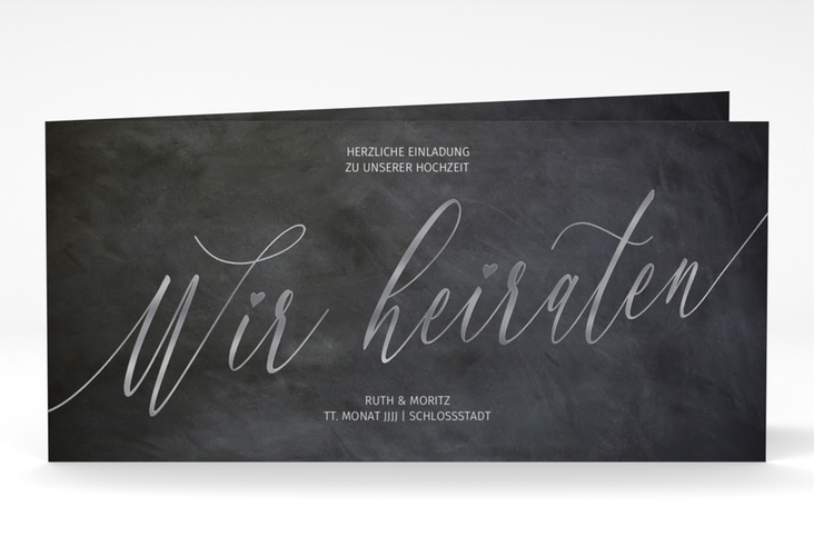 Hochzeitseinladung Chalkboard lange Klappkarte quer schwarz silber mit Folienveredelung