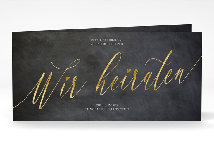 Hochzeitseinladung Chalkboard lange Klappkarte quer schwarz gold mit Folienveredelung