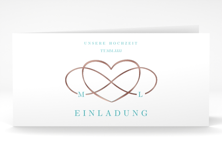 Hochzeitseinladung Infinity lange Klappkarte quer tuerkis rosegold