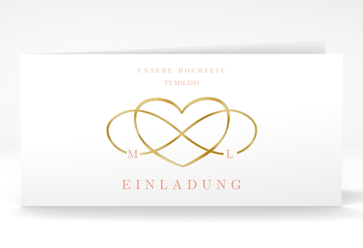 Hochzeitseinladung Infinity lange Klappkarte quer apricot gold