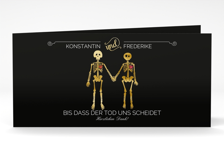 Dankeskarte Hochzeit Bones lange Klappkarte quer schwarz gold