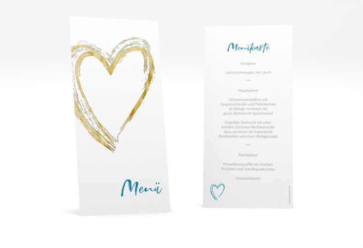 Menükarte Hochzeit Liebe lange Karte hoch tuerkis gold