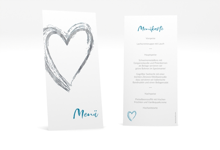 Menükarte Hochzeit Liebe lange Karte hoch tuerkis silber