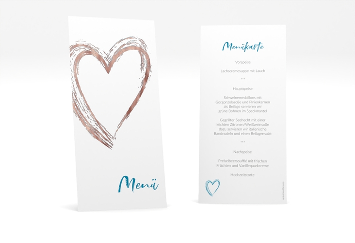 Menükarte Hochzeit Liebe lange Karte hoch tuerkis rosegold