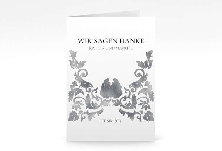 Danksagungskarte Hochzeit Royal A6 Klappkarte hoch weiss silber mit barockem Blumen-Ornament