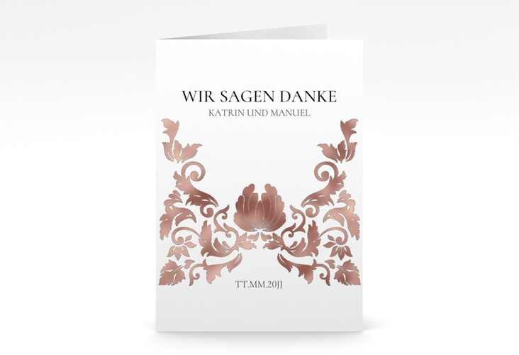 Danksagungskarte Hochzeit Royal A6 Klappkarte hoch weiss rosegold mit barockem Blumen-Ornament