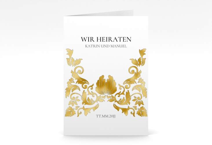 Einladungskarte Hochzeit Royal A6 Klappkarte hoch weiss gold mit barockem Blumen-Ornament