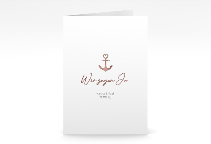 Einladungskarte Hochzeit Ankerliebe A6 Klappkarte hoch weiss rosegold im minimalistischen maritimen Design mit Anker