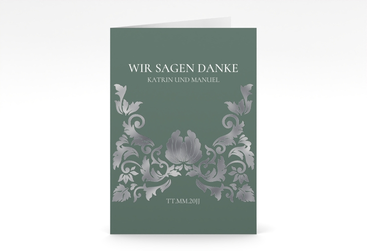 Danksagungskarte Hochzeit Royal A6 Klappkarte hoch gruen silber mit barockem Blumen-Ornament