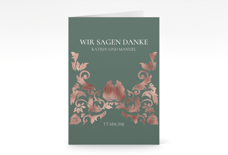 Danksagungskarte Hochzeit Royal A6 Klappkarte hoch gruen rosegold mit barockem Blumen-Ornament