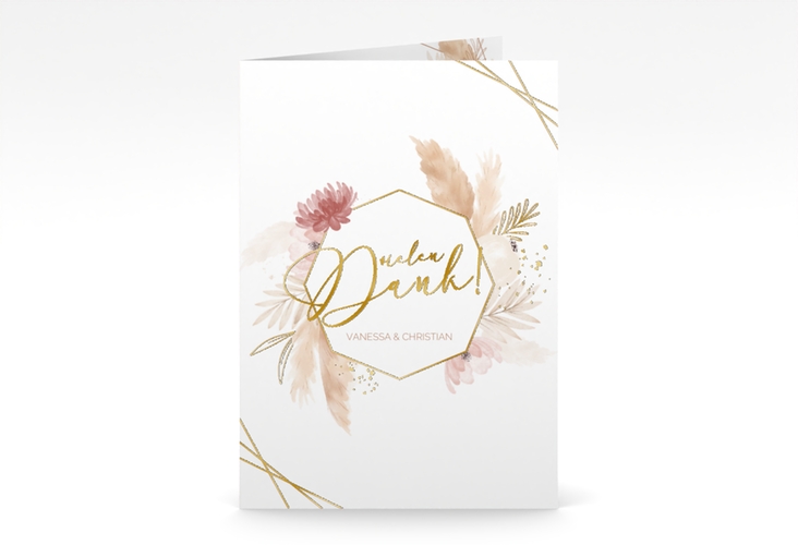 Dankeskarte Hochzeit Bohostyle A6 Klappkarte hoch beige gold mit Pampasgras in Aquarell