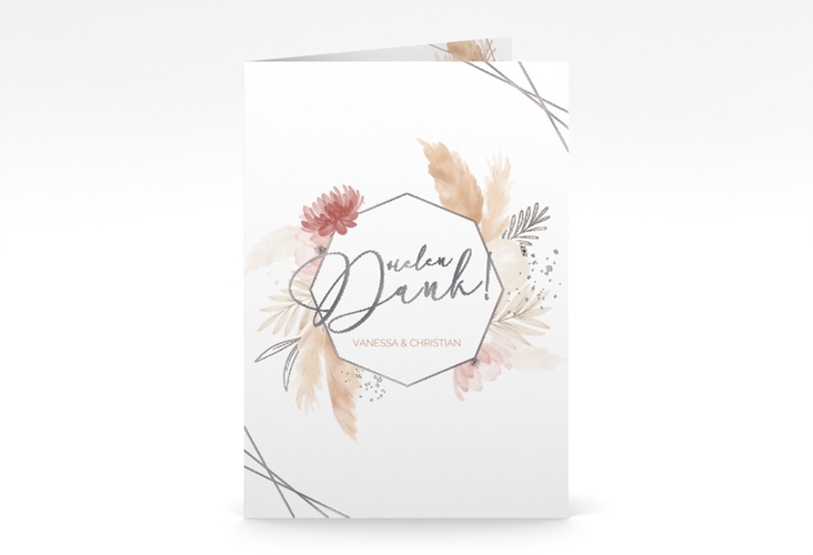 Dankeskarte Hochzeit Bohostyle A6 Klappkarte hoch beige silber mit Pampasgras in Aquarell