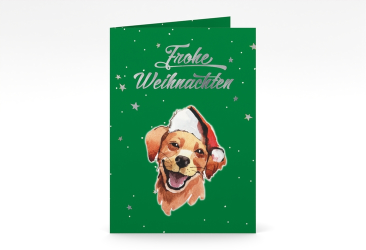 Weihnachtskarte Frosty A6 Klappkarte hoch gruen silber mit Hund mit Nikolausmütze