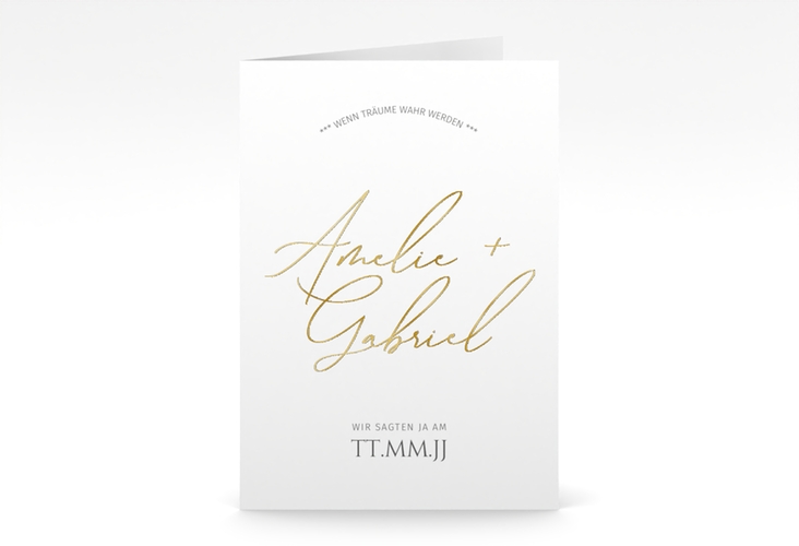 Danksagungskarte Hochzeit Federschrift A6 Klappkarte hoch weiss gold in schlichtem Design mit Kalligrafie