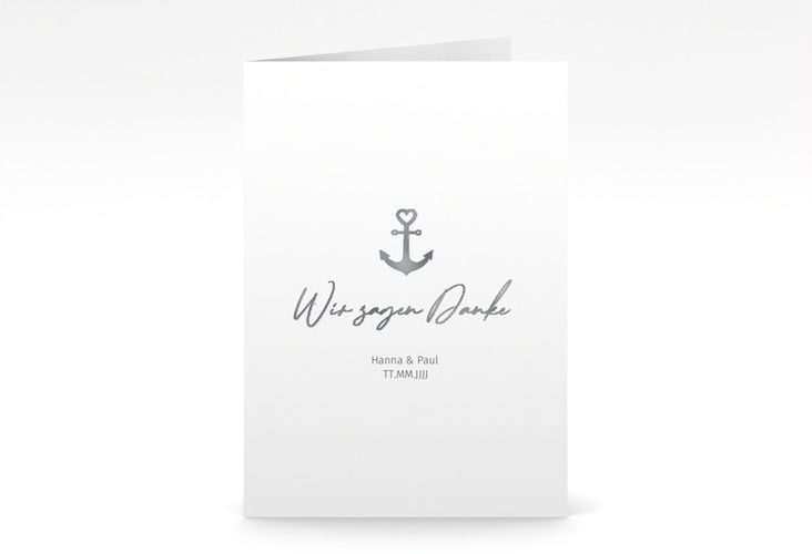 Danksagungskarte Hochzeit Ankerliebe A6 Klappkarte hoch weiss silber im minimalistischen maritimen Design mit Anker