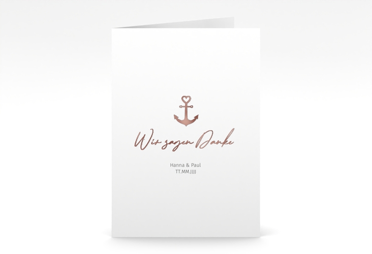 Danksagungskarte Hochzeit Ankerliebe A6 Klappkarte hoch weiss rosegold im minimalistischen maritimen Design mit Anker