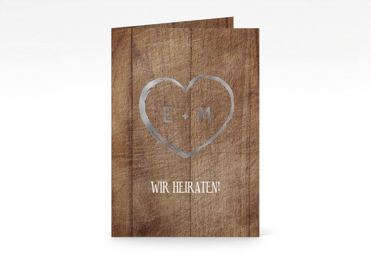 Einladungskarte Hochzeit Wood A6 Klappkarte hoch braun silber