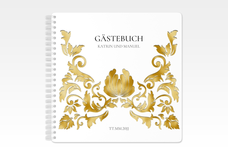 Gästebuch Hochzeit Royal Ringbindung weiss gold mit barockem Blumen-Ornament