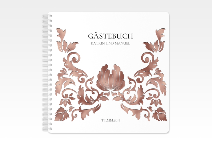 Gästebuch Hochzeit Royal Ringbindung weiss rosegold mit barockem Blumen-Ornament