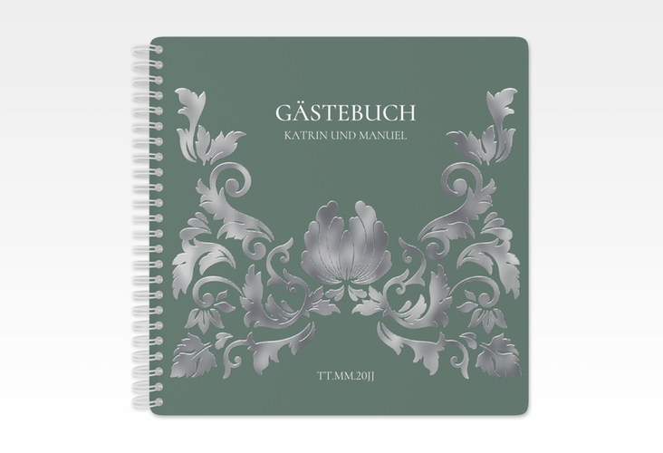 Gästebuch Hochzeit Royal Ringbindung gruen silber mit barockem Blumen-Ornament