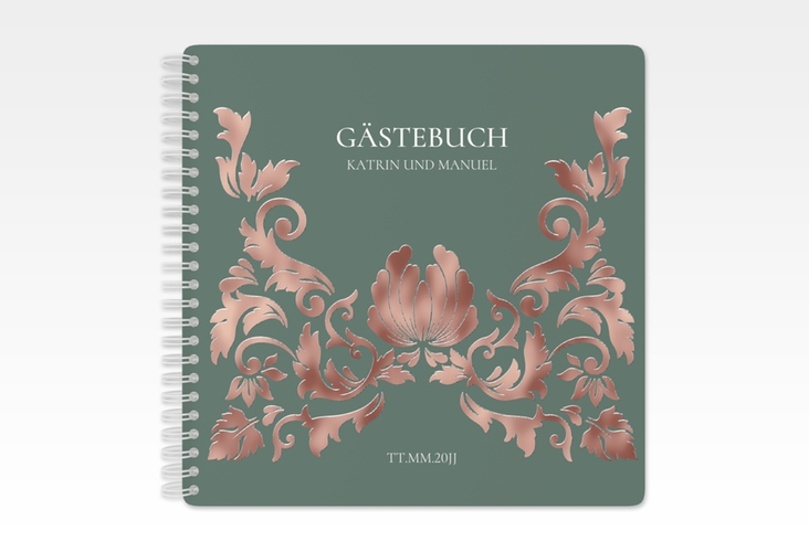 Gästebuch Hochzeit Royal Ringbindung gruen rosegold mit barockem Blumen-Ornament