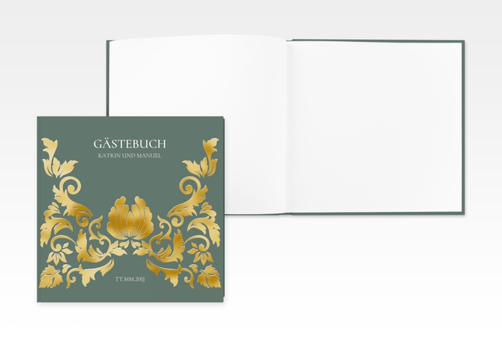 Gästebuch Creation Hochzeit Royal 20 x 20 cm, Hardcover gruen gold mit barockem Blumen-Ornament