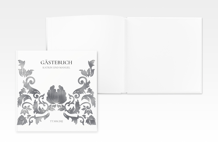 Gästebuch Creation Hochzeit Royal 20 x 20 cm, Hardcover weiss silber mit barockem Blumen-Ornament