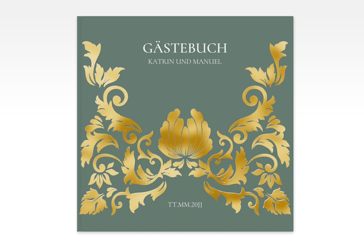 Gästebuch Creation Hochzeit Royal 20 x 20 cm, Hardcover gruen gold mit barockem Blumen-Ornament