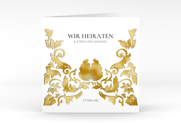 Hochzeitseinladung Royal quadr. Klappkarte weiss gold mit barockem Blumen-Ornament