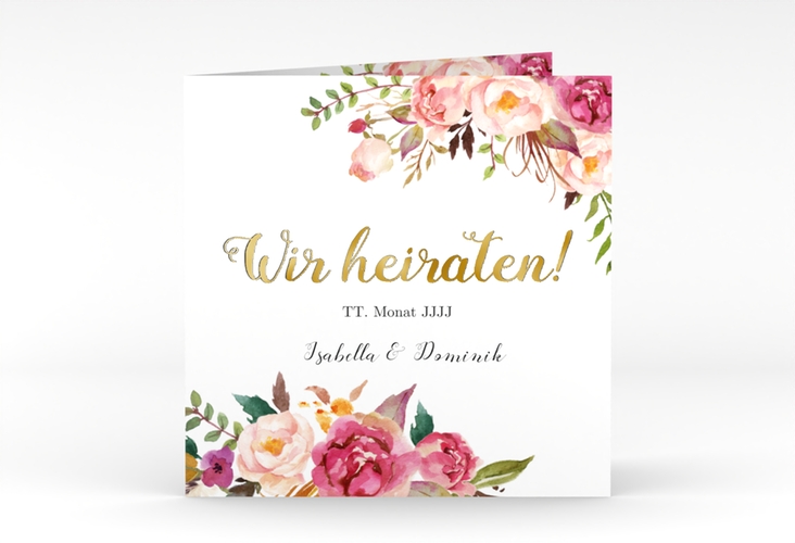 Hochzeitseinladung Flowers quadr. Klappkarte weiss gold mit bunten Aquarell-Blumen