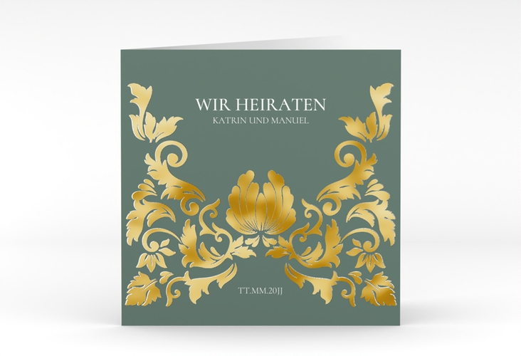 Hochzeitseinladung Royal quadr. Klappkarte gruen gold mit barockem Blumen-Ornament