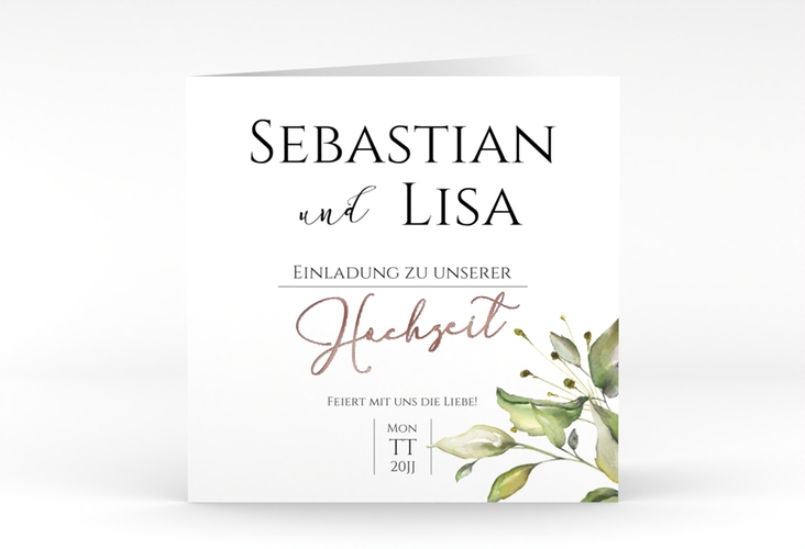 Hochzeitseinladung Leaves quadr. Klappkarte weiss rosegold