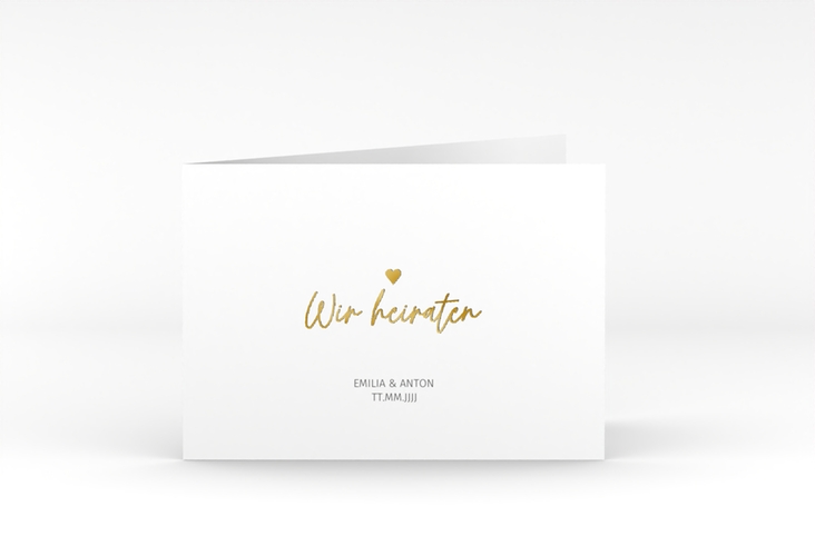 Hochzeitseinladung Herzschlag A6 Klappkarte quer weiss gold schlicht und elegant mit Herzchen