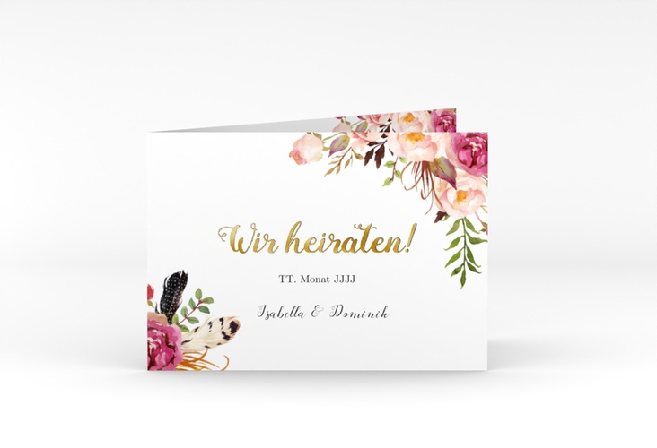 Hochzeitseinladung Flowers A6 Klappkarte quer weiss gold mit bunten Aquarell-Blumen