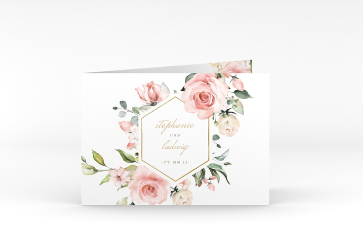 Einladung Hochzeit Graceful A6 Klappkarte quer weiss gold mit Rosenblüten in Rosa und Weiß