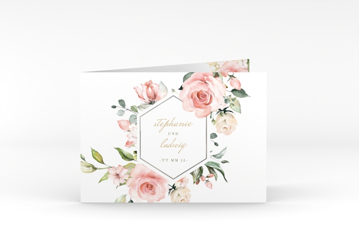 Einladung Hochzeit Graceful A6 Klappkarte quer weiss silber mit Rosenblüten in Rosa und Weiß