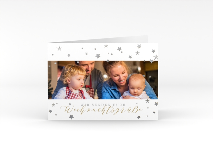 Weihnachtskarte Sternennacht A6 Klappkarte quer weiss silber mit Sternchen und Familienfoto