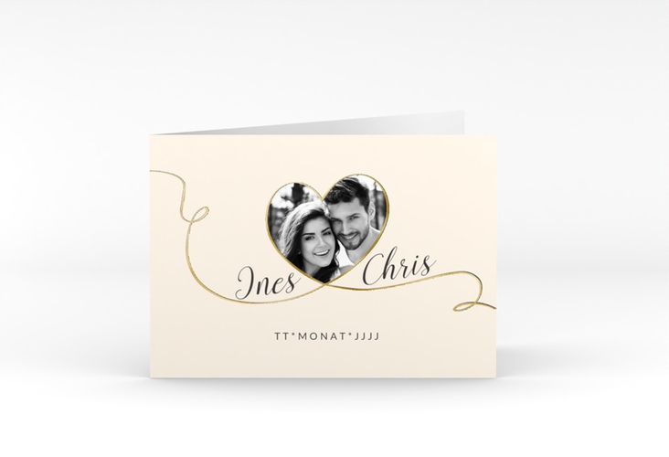 Hochzeitseinladung Dolce A6 Klappkarte quer beige gold