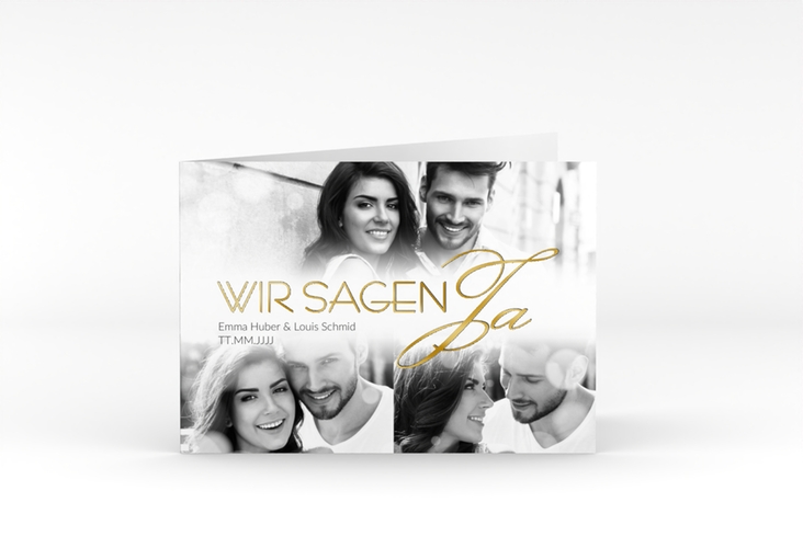 Hochzeitseinladung Bokeh A6 Klappkarte quer weiss gold