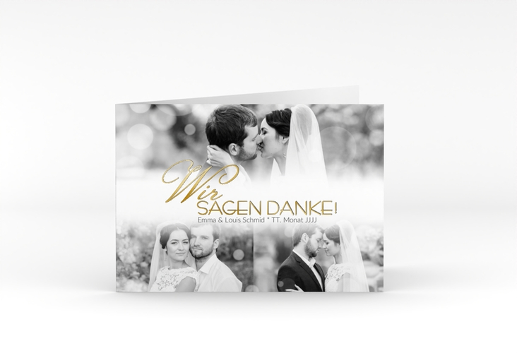 Danksagungskarte Hochzeit Bokeh A6 Klappkarte quer weiss gold