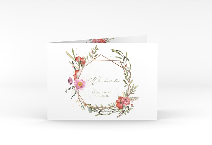 Hochzeitseinladung Sommergarten A6 Klappkarte quer weiss rosegold